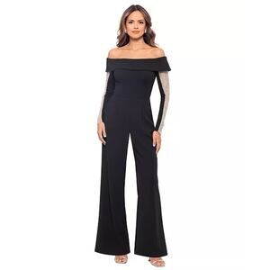 Xscape Formal Evening Jumpsuit Womens 8 Black Off Shoulder Beaded Cocktail Party